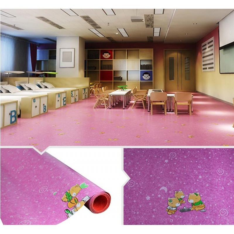 加厚地板革家用pvc地板纸防水塑料地毯防滑塑胶地板胶耐磨地板贴_3_4 默认尺寸 玫红色加厚紫色卡通