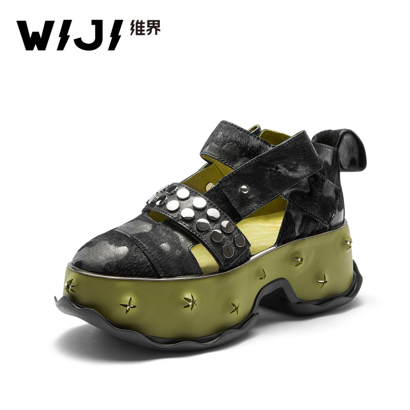 WIJI2018夏季新款黑色牛毛油蜡松糕底女鞋厚底韩版潮流铆钉搭舒适 黑色 37