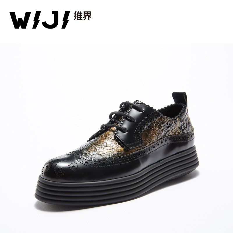 WIJI2018春夏新款布洛克鞋中性英伦风真皮厚底雕花商务休闲女鞋潮 黑金色 39