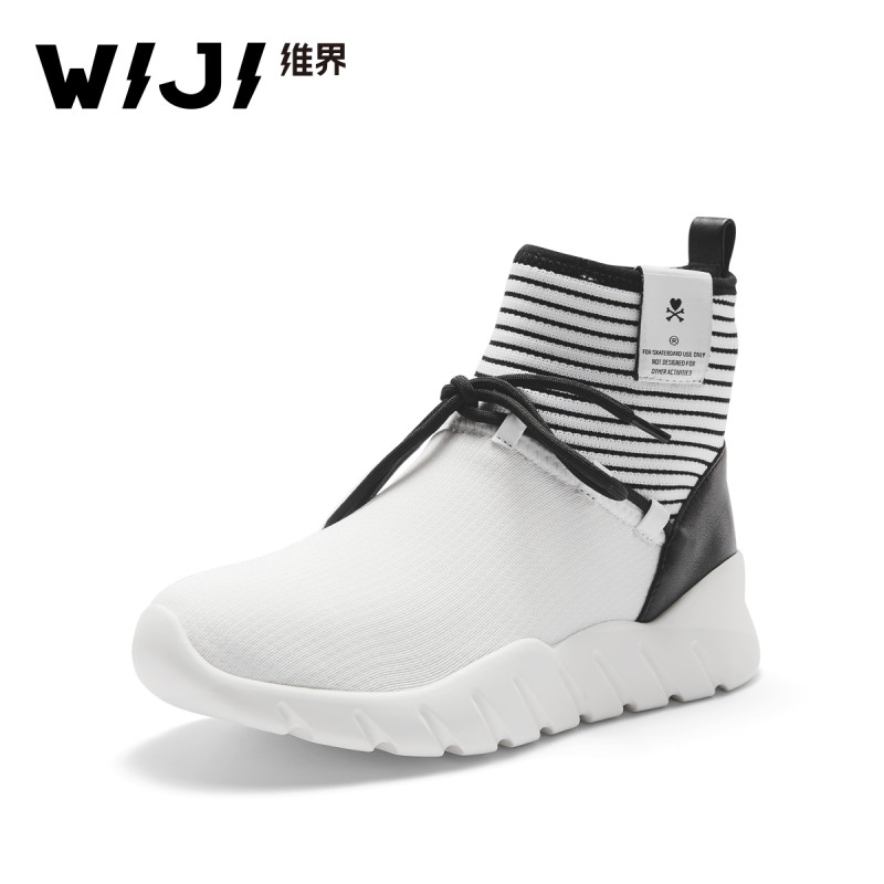 WIJI2018春季新款欧洲站休闲高帮系带平底运动鞋毛线白色厚底女鞋 38 白/黑