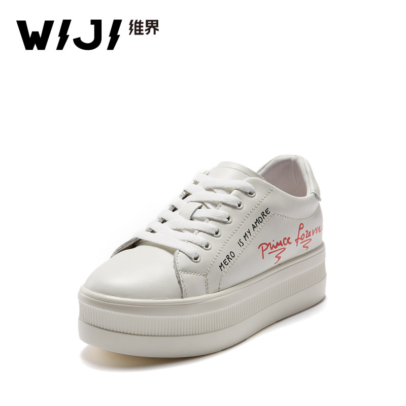 WIJI女鞋子春秋韩版新款潮流厚底真皮时尚单鞋系带深口休闲板鞋潮 米白 38