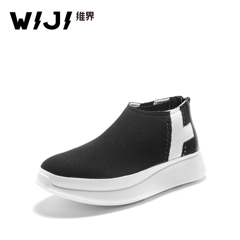 WIJI女鞋春季增高浅口韩版新款时尚休闲鞋套脚松糕底百搭户外单鞋 黑色 37