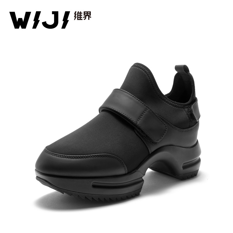 WIJI女鞋春季新款粗跟韩版时尚增高休闲鞋浅口个性魔术贴百搭单鞋 黑色 37