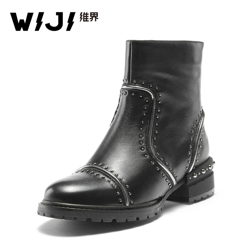 WIJI短靴子女新款英伦粗跟潮流时尚个性马丁靴真皮耐磨百搭休闲鞋 黑色 37