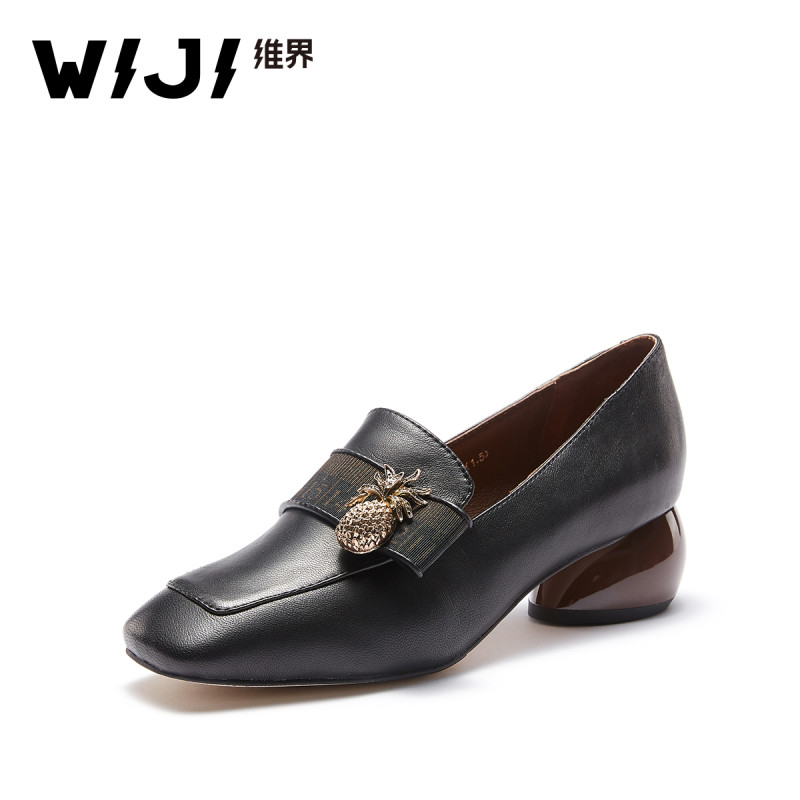 WIJI维界2018春夏新款纯色粗跟羊皮方头乐福单鞋简约通勤职业女鞋_XGC82 黑色 37