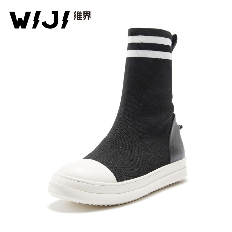 WIJI袜子鞋韩版新款平底时尚女鞋潮流短筒耐磨休闲牛皮针织女靴子 黑色 37