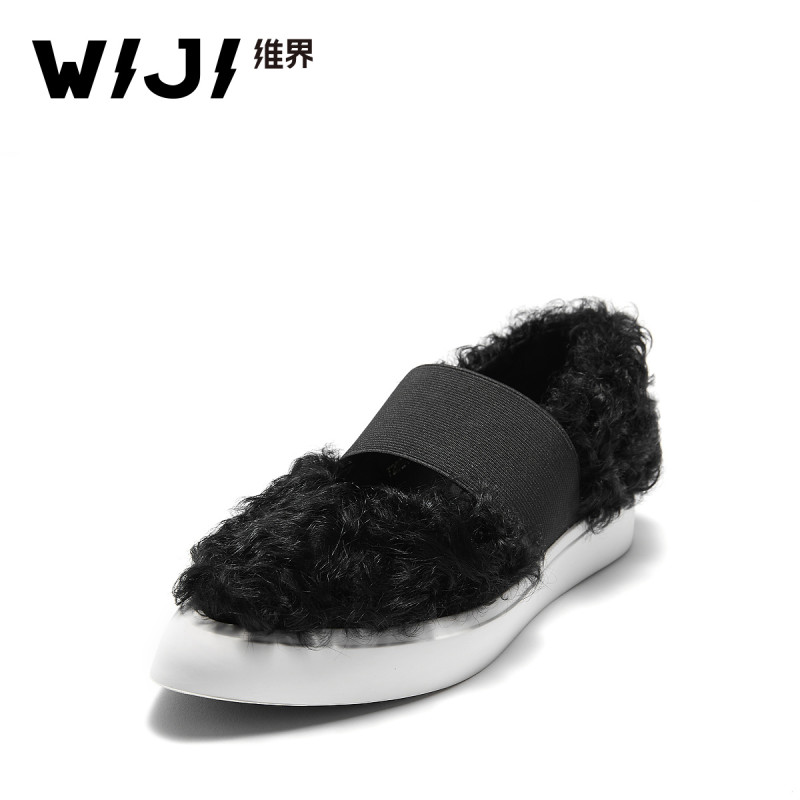 维界WIJI单鞋女韩版潮流时尚羊卷毛平底休闲鞋个性黑色浅口百搭板鞋潮 黑色 37
