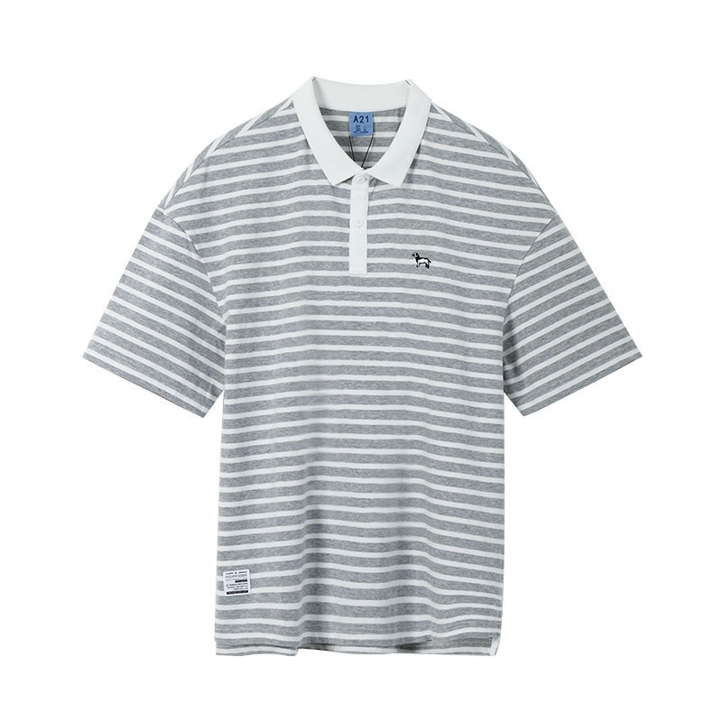 A21男装翻领POLO衫时尚条纹刺绣动物青年潮男舒适个性短袖衣服 165/80A/S 浅花灰