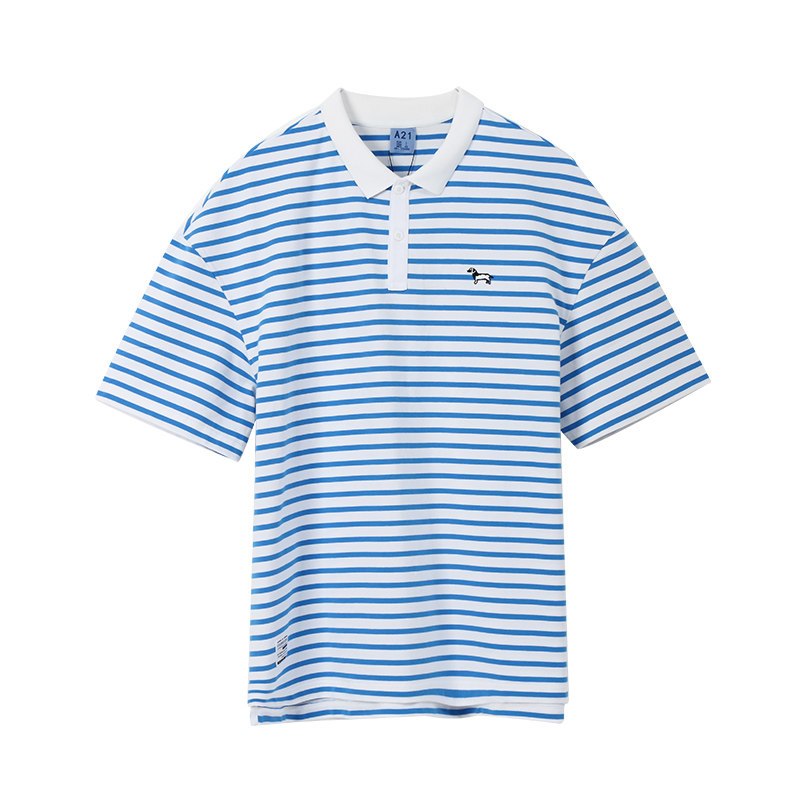 A21男装翻领POLO衫时尚条纹刺绣动物青年潮男舒适个性短袖衣服 165/80A/S 蓝色