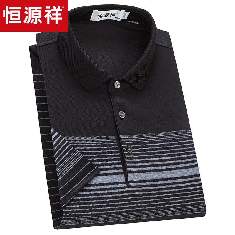 恒源祥男士桑蚕丝短袖T恤夏季薄款翻领短t爸爸装中年条纹polo衫_1 170/88A 51N80013黑色