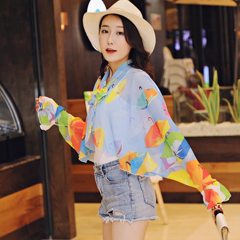 防晒手套女士长款夏季开车骑车防紫外线袖套出游遮阳防晒披肩臂套 凉伞蓝