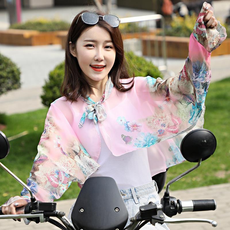 防晒手套女士长款夏季开车骑车防紫外线袖套出游遮阳防晒披肩臂套 羽吟粉