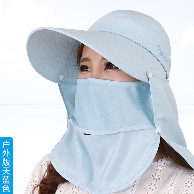 防晒帽子女夏天防晒遮阳帽遮脸防紫外线太阳帽大沿骑车可折叠凉帽_12 户外版天蓝色