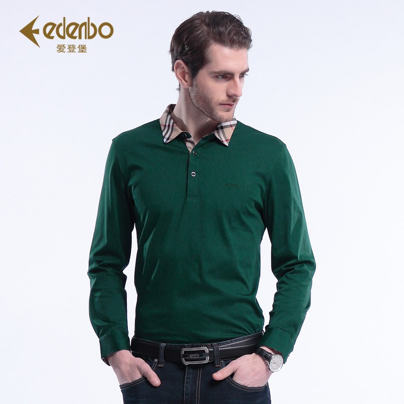 Edenbo/爱登堡2017春季商务polo领T恤男长袖新款丝光棉T恤衫正品 170/88/L 墨绿（27）