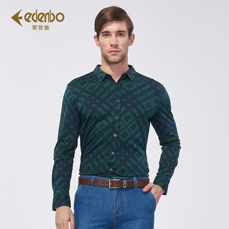 Edenbo/爱登堡新款长袖衬衫男春秋薄款格子纹丝光棉纯棉衬衣_1 165/84/M 墨绿色（27）