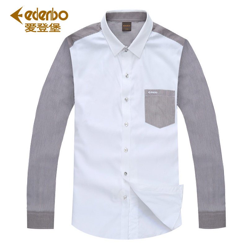 Edenbo/爱登堡春秋款男士拼接撞色休闲长袖衬衫韩版纯棉衬衣_1 170/88/L 褐色（08）