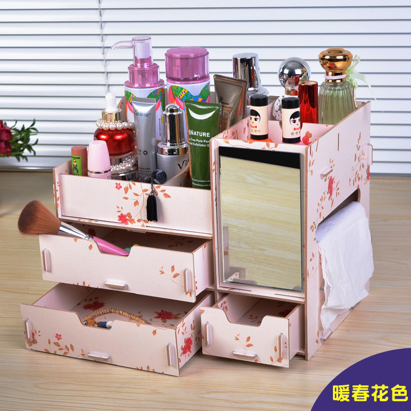 抽屉式化妆品桌面收纳盒木制梳妆台整理盒办公桌置物架遥控器木盒储物盒整理盒收纳盒置物盒家居日_8 暖春花