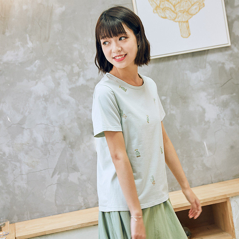 素缕2018夏装新款文艺T恤 印花t女上衣圆领宽松套头衫QS8228鹍_rmC15 M 淡绿色