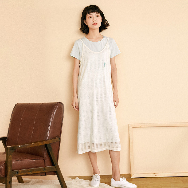 素缕2018夏装新款女装文艺舒适宽松两件套短袖连衣裙女QS8205竸 M 绿+白