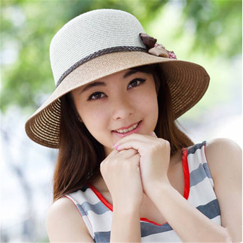 女士夏季遮阳帽大沿草帽韩版太阳帽沙滩帽旅游防晒草编帽子 卡其