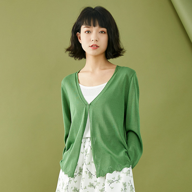 素缕2018夏装新款文艺镂空V领开衫女薄款纯色显瘦针织衫SX8285尛 M 果绿色