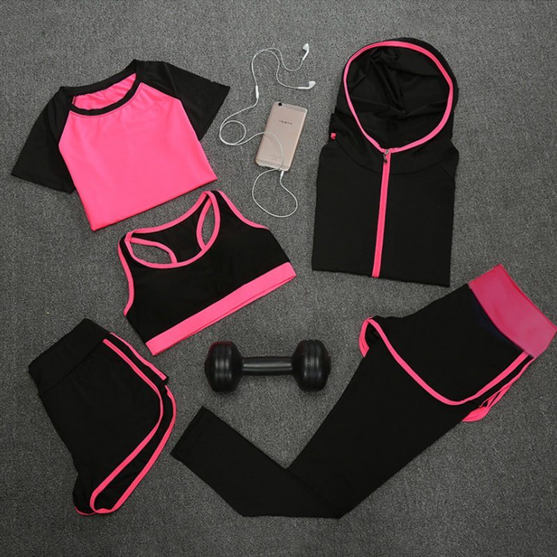 瑜伽服套装女秋季速干显瘦运动套装运动衣女健身服晨跑套装五件套_534 M 瑜伽五件枚红