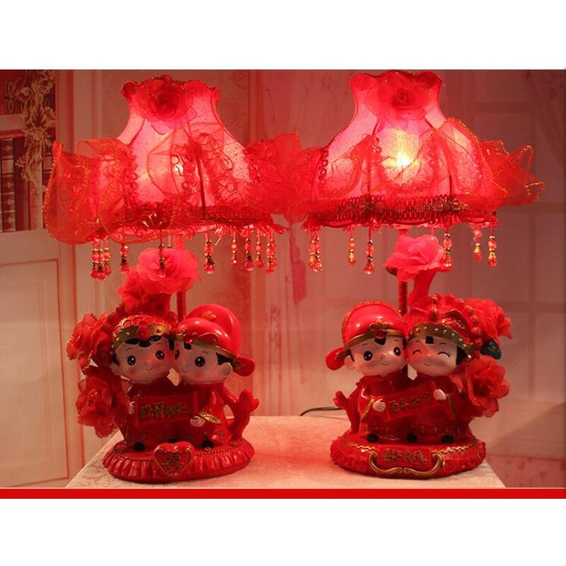 台灯卧室床头结婚礼物创意时尚红色新房婚房实用婚庆装饰对灯 精品比翼双飞百年好合43cm高