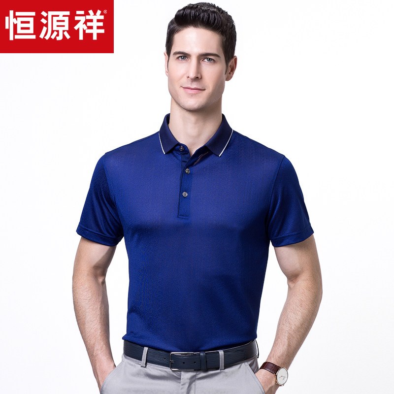 恒源祥中年男士短袖T恤翻领polo衫2018夏季款爸爸装桑蚕丝短袖T恤_2 190/104A 51N80018兰紫