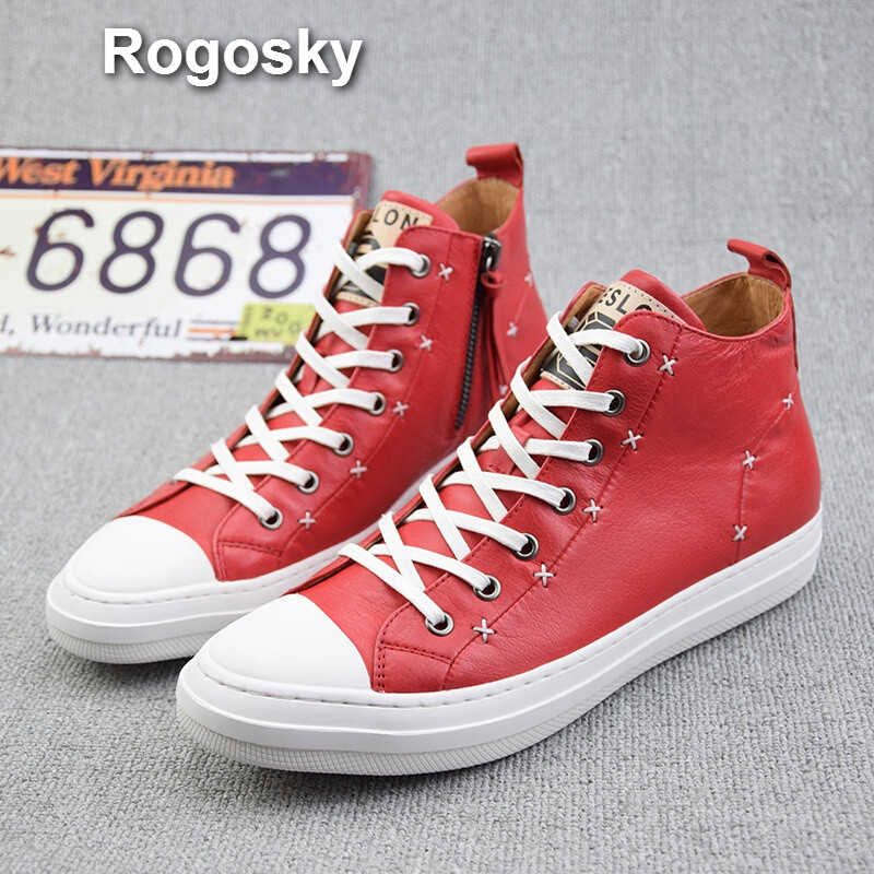 Rogosky香港潮牌韩版时尚潮流高帮潮男休闲鞋冬季新款拉链牛皮男鞋百搭高帮鞋青年 红色 39