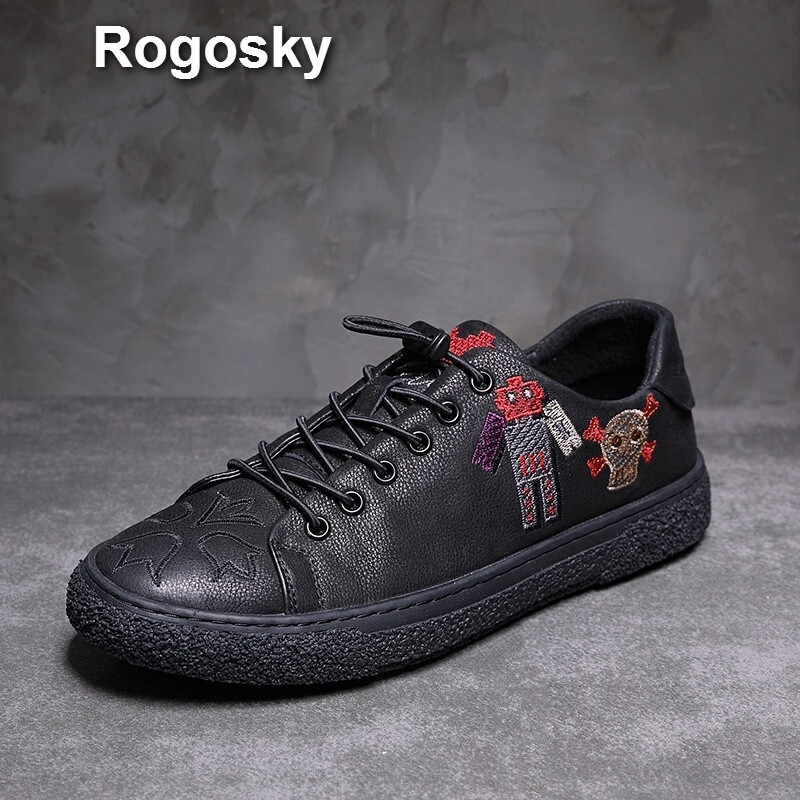 Rogosky香港潮牌欧洲站2018夏季时尚新款低帮百搭圆头板鞋休闲鞋男真皮刺绣图案潮男鞋 默认颜色 44