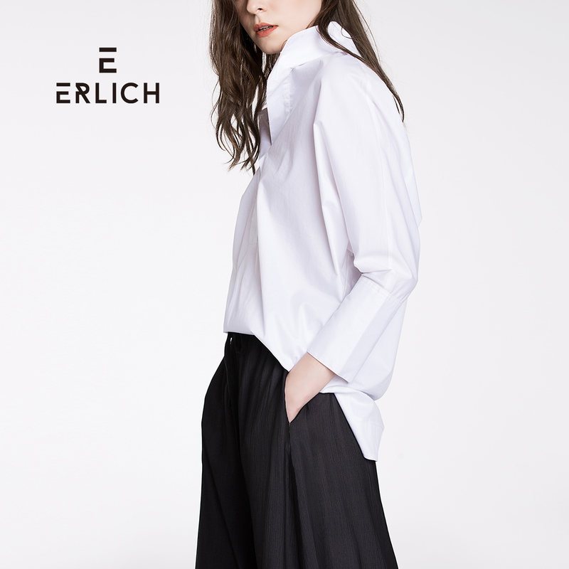 erlich2018春夏新款宽松百搭简约白色翻领套头七分袖纯棉衬衫女 M 白色