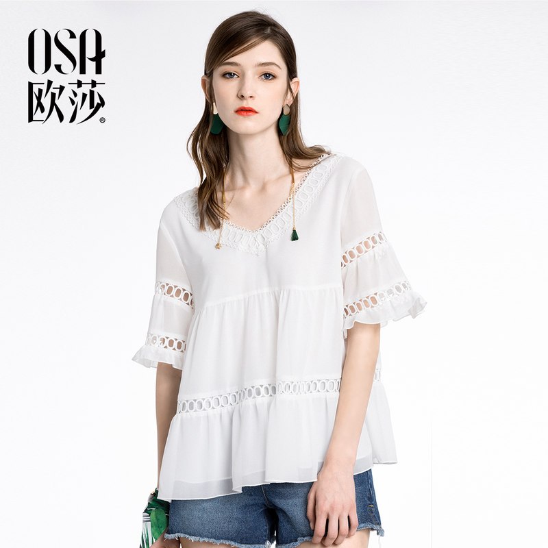 OSA欧莎2018夏装新款女装性感V领优雅荷叶袖宽松雪纺衫B17015 XL 白色