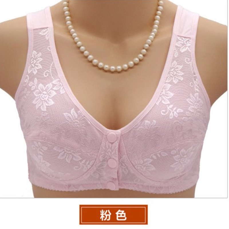无钢圈前扣背心棉质内衣文胸 大码薄文胸女士背心打底衫内衣蕾丝提花聚拢上衣内衣 70C 蕾丝款-粉色