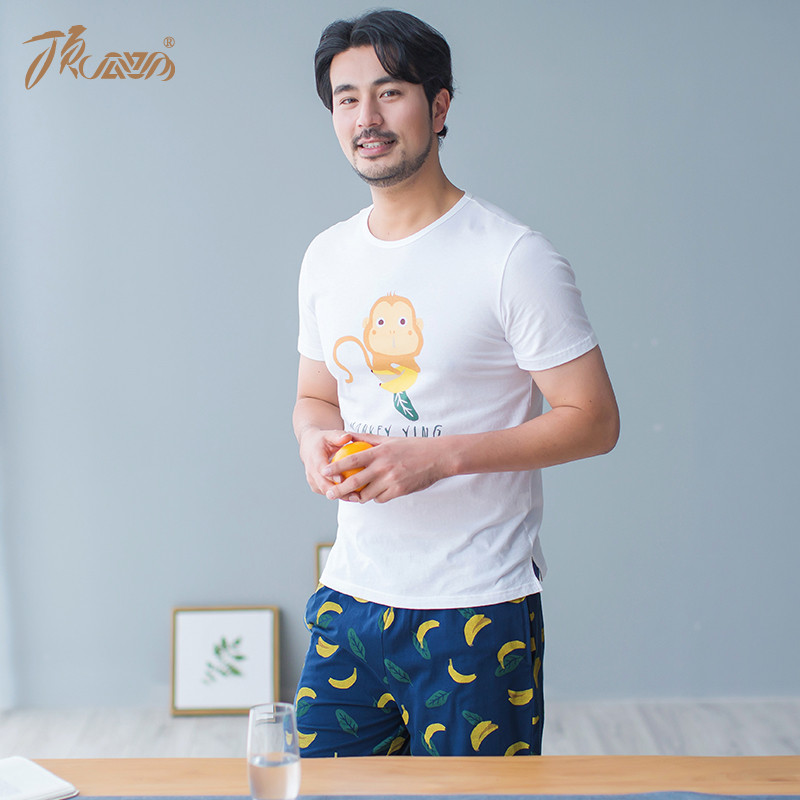 顶瓜瓜家居服男夏 纯棉卡通印花简约圆领短袖短裤全棉男睡衣套装 175 藏蓝色