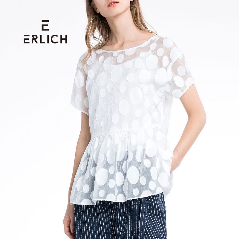 erlich2018夏季新品时尚百搭白色修身波点个性圆领衬衫雪纺上衣女 M 白色
