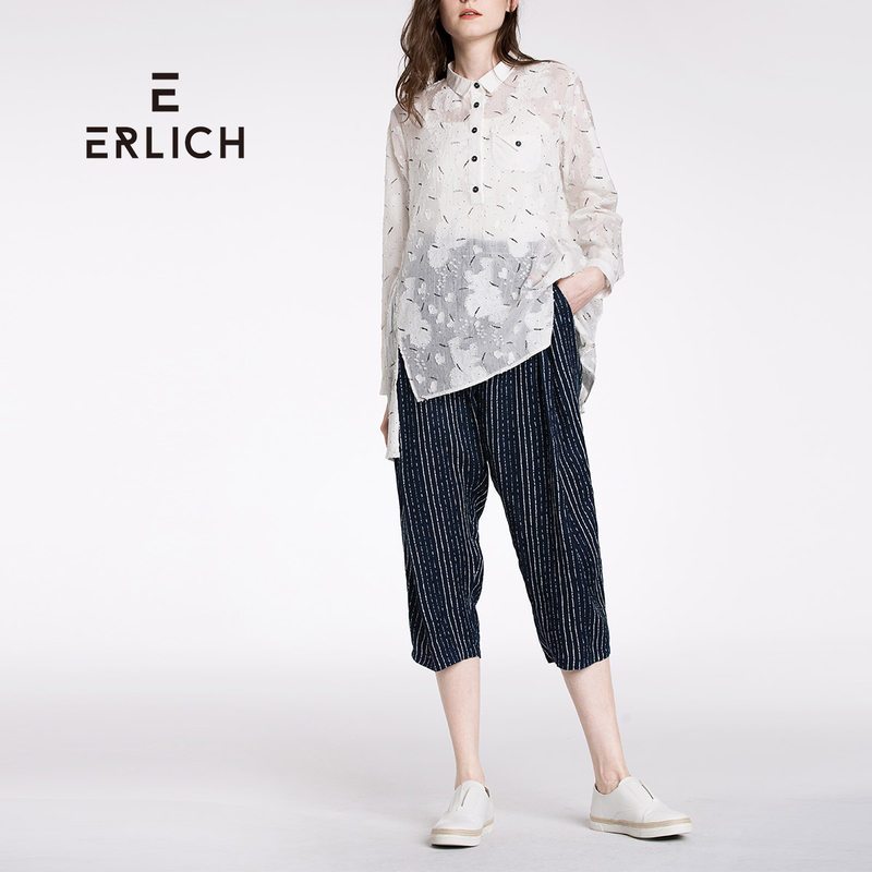 erlich2018春季新品上衣长袖百搭小碎花印花女衬衫不对称衬衣 M 白色