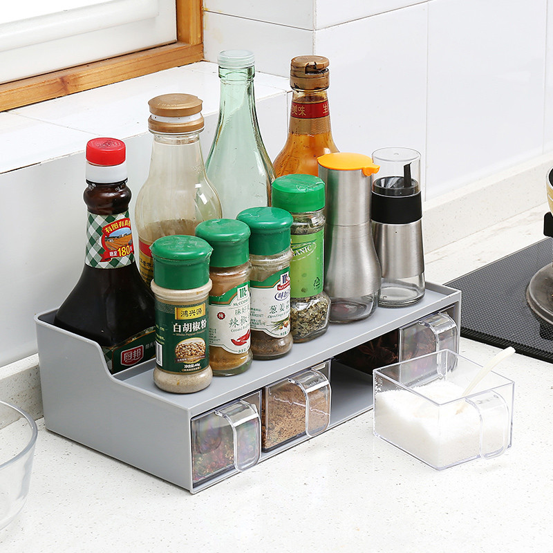 创意家居厨房多功能4格透明带勺子调味品收纳盒调料盒调味罐套装 灰色