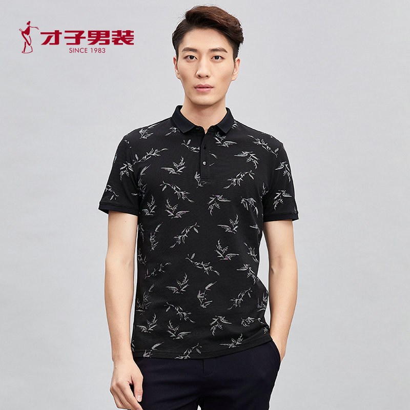 才子短袖T恤夏季新品男士休闲印花翻领polo衫修身短袖t体恤衫男装 175/92A 黑色