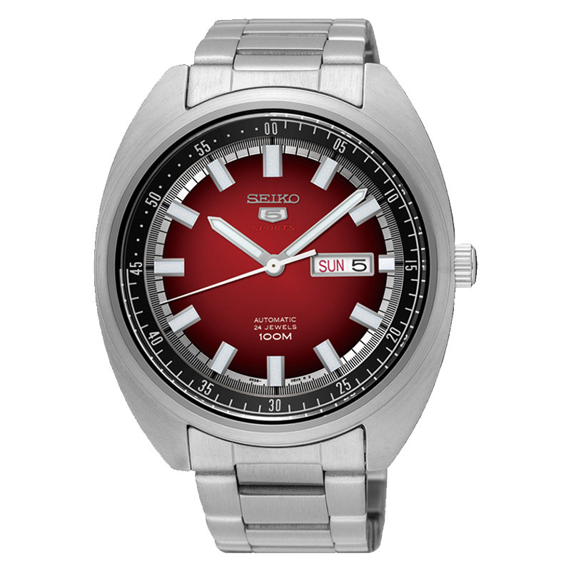 精工(SEIKO)手表 精工5号自动机械表原装进口鲍鱼形防水夜光时尚运动男表双历红盘钢带 SRPB17J1 SRPB17J1