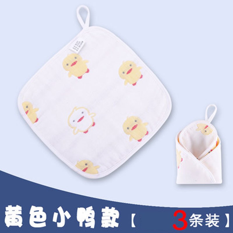 新生儿童床上用品男女宝宝纱布小毛巾婴儿洗脸巾小方巾口水巾手帕简约小清新四季通用孕婴童毛巾 4层小小黄鸭方巾25*25（3条装）