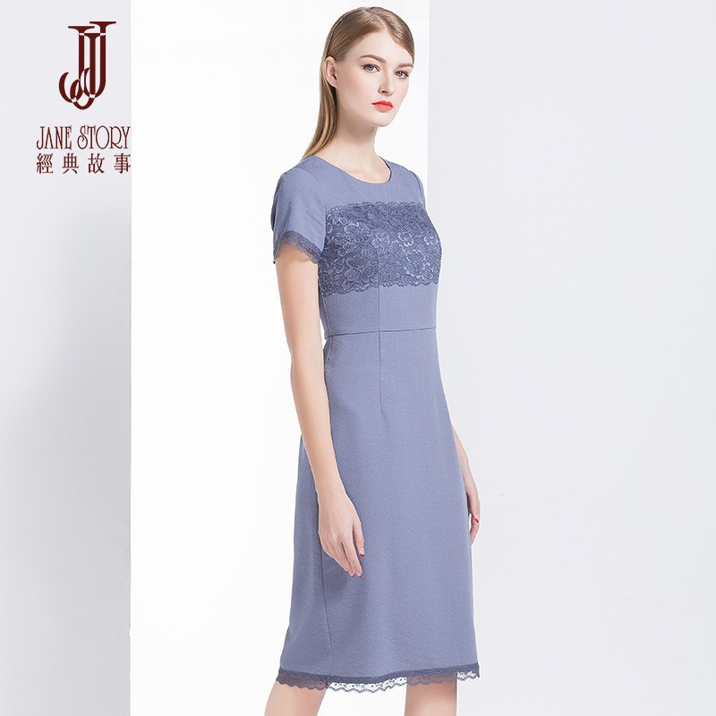 经典故事女夏2018中长款蕾丝梭织连衣裙女士高腰修身优雅通勤裙装 155/80A/S M01灰蓝色