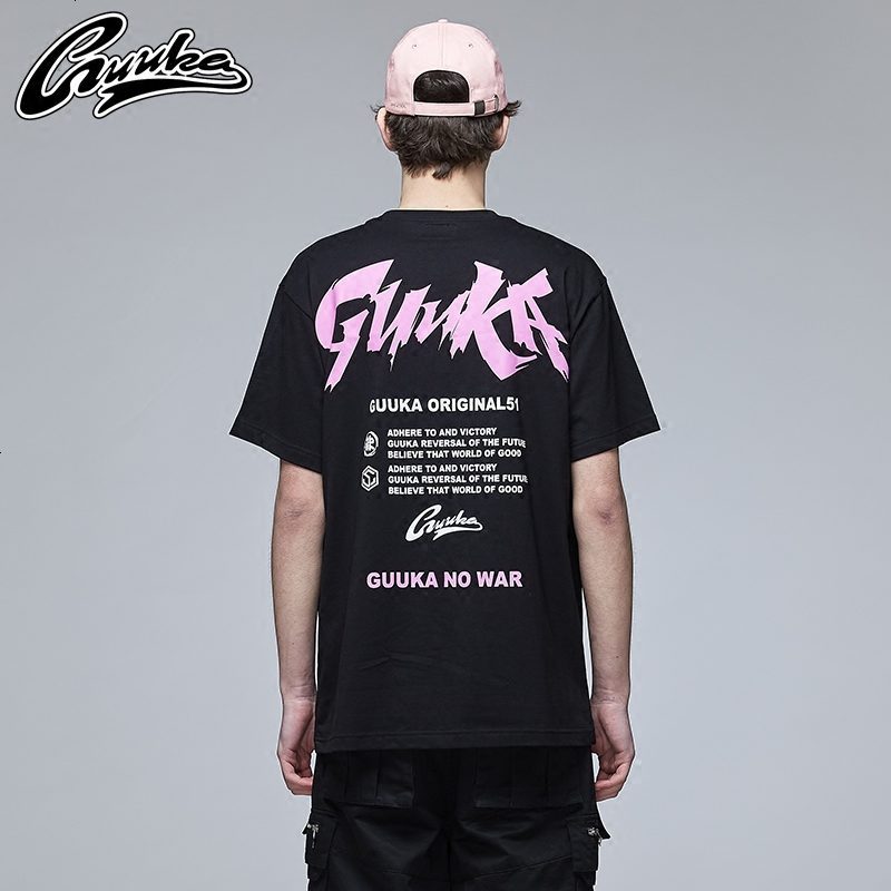 Guuka潮牌黑色Oversize圆领男短袖t恤 青少年潮流街舞嘻哈五分袖 XXL 黑色