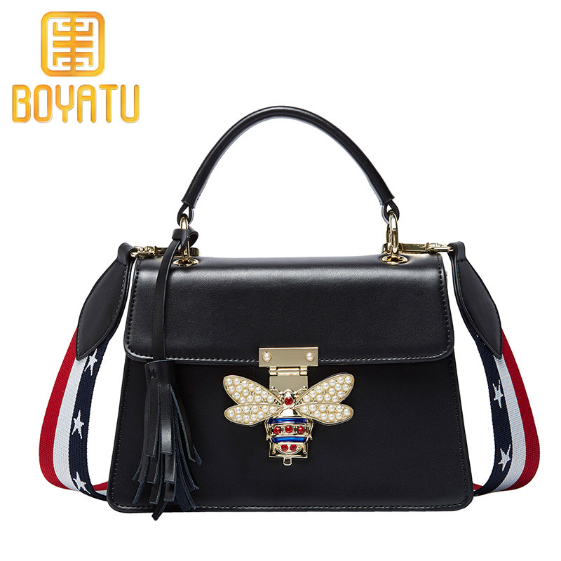 柏雅图（boyatu）小蜜蜂锁扣牛皮女士手提包女时尚百搭单肩斜挎包 雅典黑