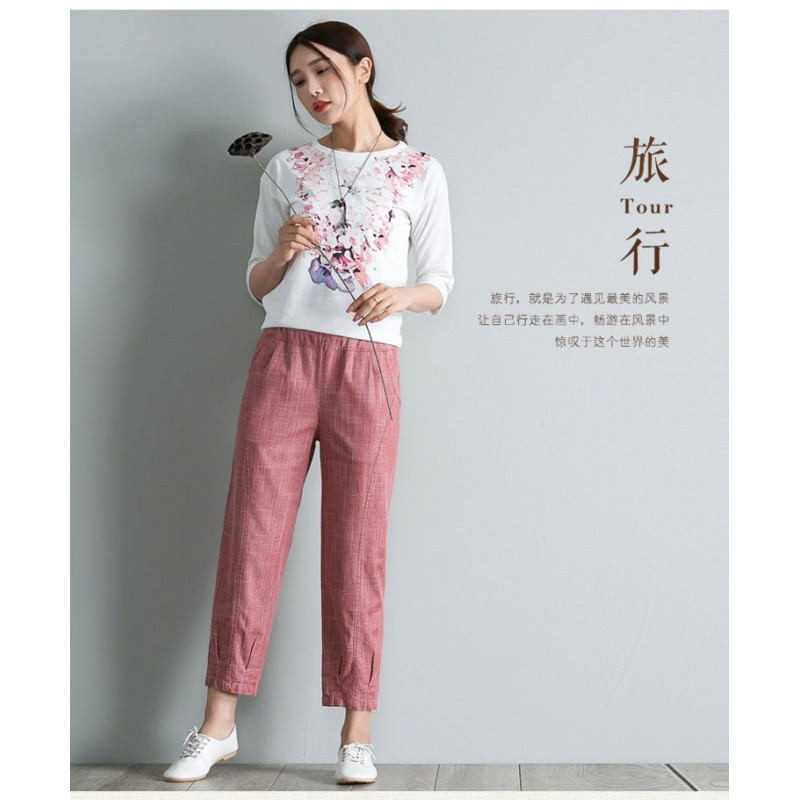 2018春夏新款棉麻女裤亚麻裤子女百搭松紧腰休闲小脚裤九分裤女夏 3XL 红色