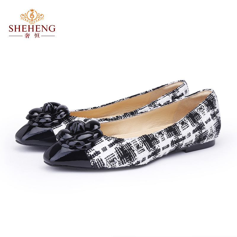 奢恒(SHEHENG)黑色漆皮拼接黑白格子布平跟女鞋SH-14608-1 黑色 37码