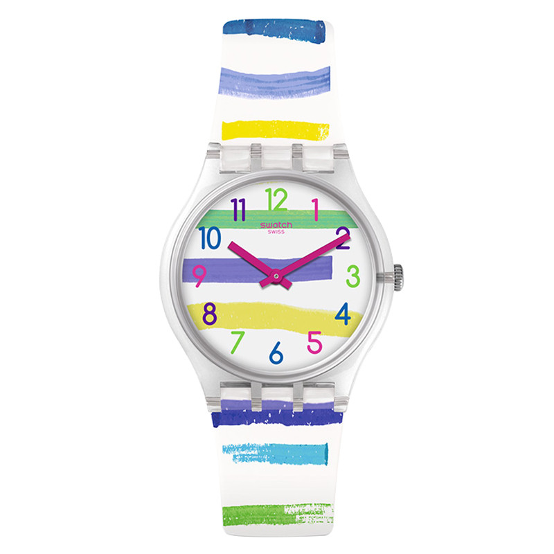 斯沃琪（Swatch）手表 经典色彩密码系列 彩虹条纹石英男女表GE254 GE254