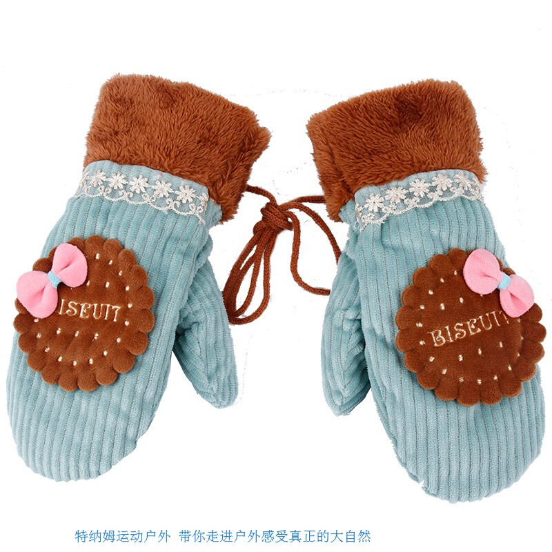 韩版卡通手套女冬可爱加厚毛绒手套冬天保暖包指手套可爱全指手套西瓜红(爱心款)均码 饼干手套-湖蓝