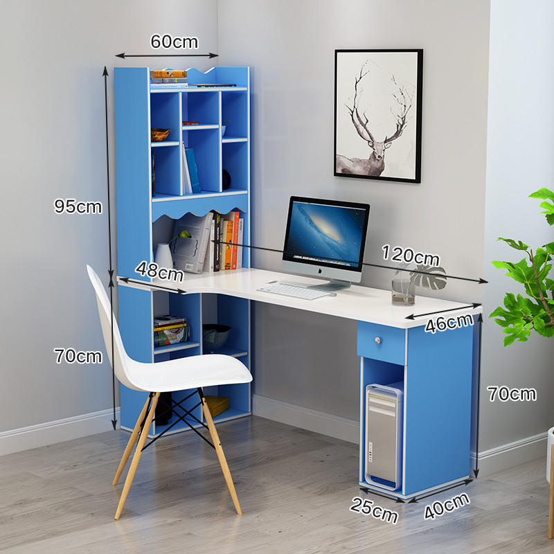 家用电脑台式桌转角电脑桌简约书柜书桌一体书架组合卧室写字桌子_15_7 A款1.2米白蓝色【全封边】