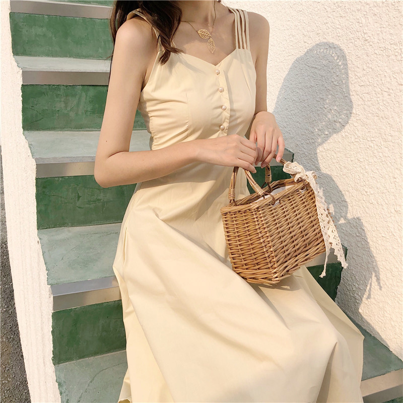 夏季韩版chic风收腰显瘦多吊带连衣裙中长款修身百搭打底A字裙女_1 均码 黄杏色