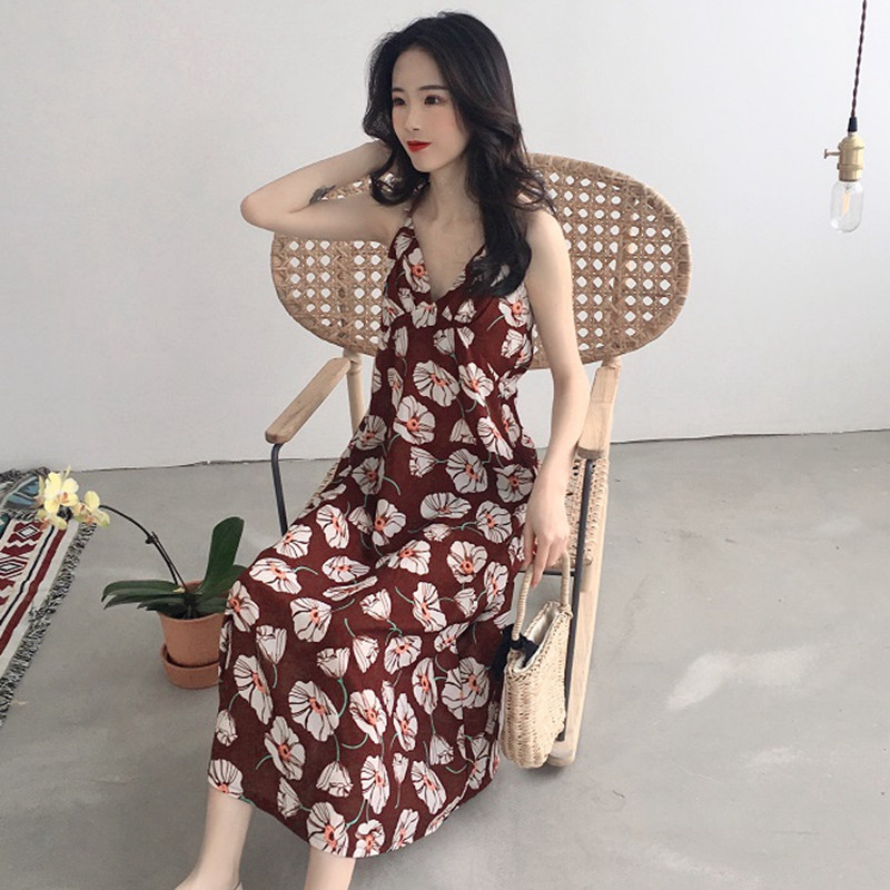 夏季新款韩版chic复古花色显瘦v领吊带连衣裙女高腰无袖沙滩长裙 均码 咖啡色